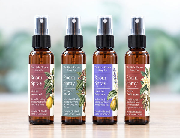 Essential Oil Room Spray Sampler | Four 2 oz Scents - Little Flower Soap Coessential oil room spraylavender room spraylemon rosewood room sprayRoom Spray