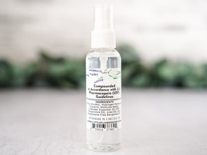 Back label of 2oz Lavender Citrus Hand Sanitizer Spray showing ingredients, directions, and 80% alcohol content