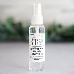 2oz Lavender Citrus Hand Sanitizer Spray. Natural essential oil scent clear bottle with white label The Little Flower Soap Co