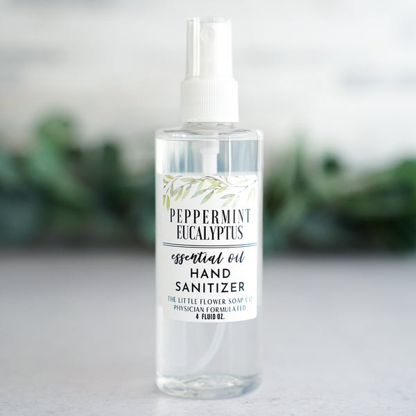 Hand Sanitizer Spray 4oz peppermint eucalyptus essential oil only natural 80% alcohol with glycerine by the  Little Flower Soap Co