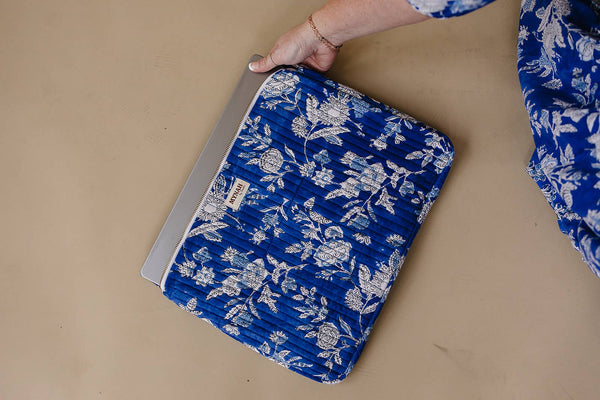 Laptop case-Quilted hand block print cotton with pockets - Little Flower Soap Coadministrative professionals giftbatikblue