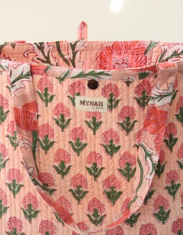 Reversible Quilted Tote Bag - Coral Poppy Print | Laptop Tote - Little Flower Soap Coblock-printgifthandcrafted