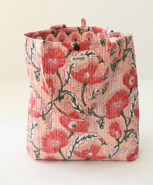Reversible Quilted Tote Bag - Coral Poppy Print | Laptop Tote - Little Flower Soap Coblock-printgifthandcrafted