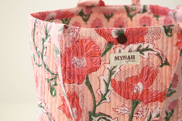 Reversible Quilted Tote Bag - Coral Poppy Print | Laptop Tote - Little Flower Soap Coblock-printgifthandcrafted