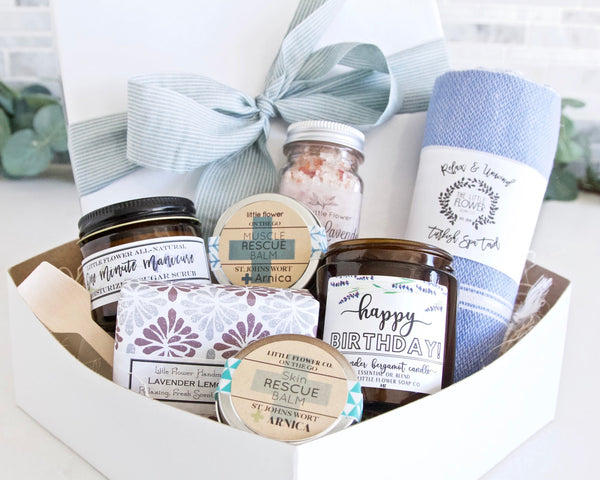 Happy Birthday Relaxation Spa Gift Box - Womens Gift Baskets for Birthday - 8 Piece - Little Flower Soap Co